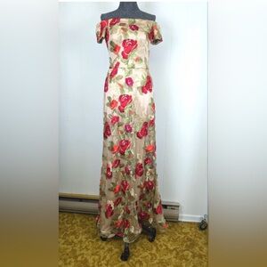 David meister floor length gown roses embroidery dress